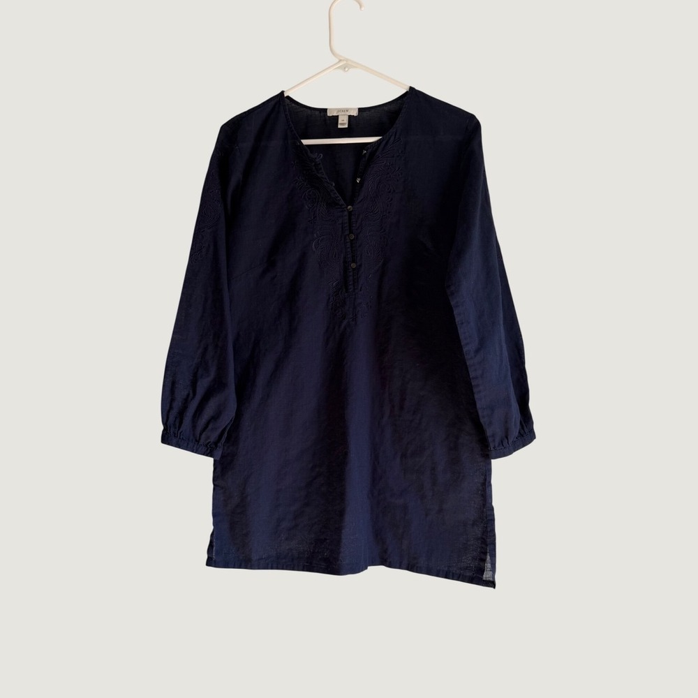 J.Crew Navy Blue Embroidered Cotton Linen Tunic Top Swim Cover Up Womens XS Read